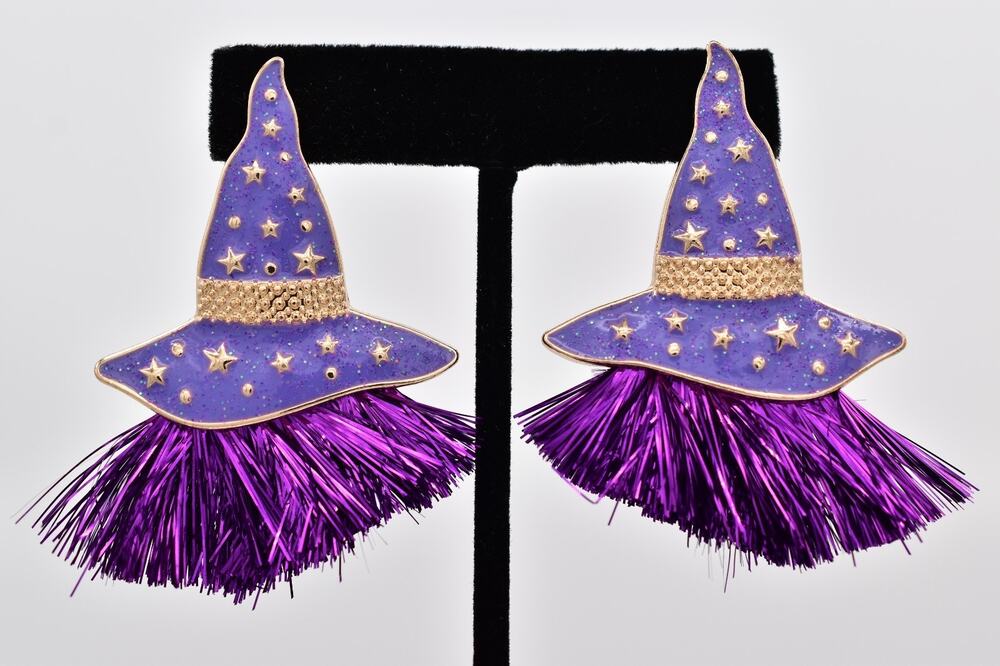 Purple Witch Hat Tassel Tinsel Earrings Halloween Glitter Stars Gold Y2K Bin7